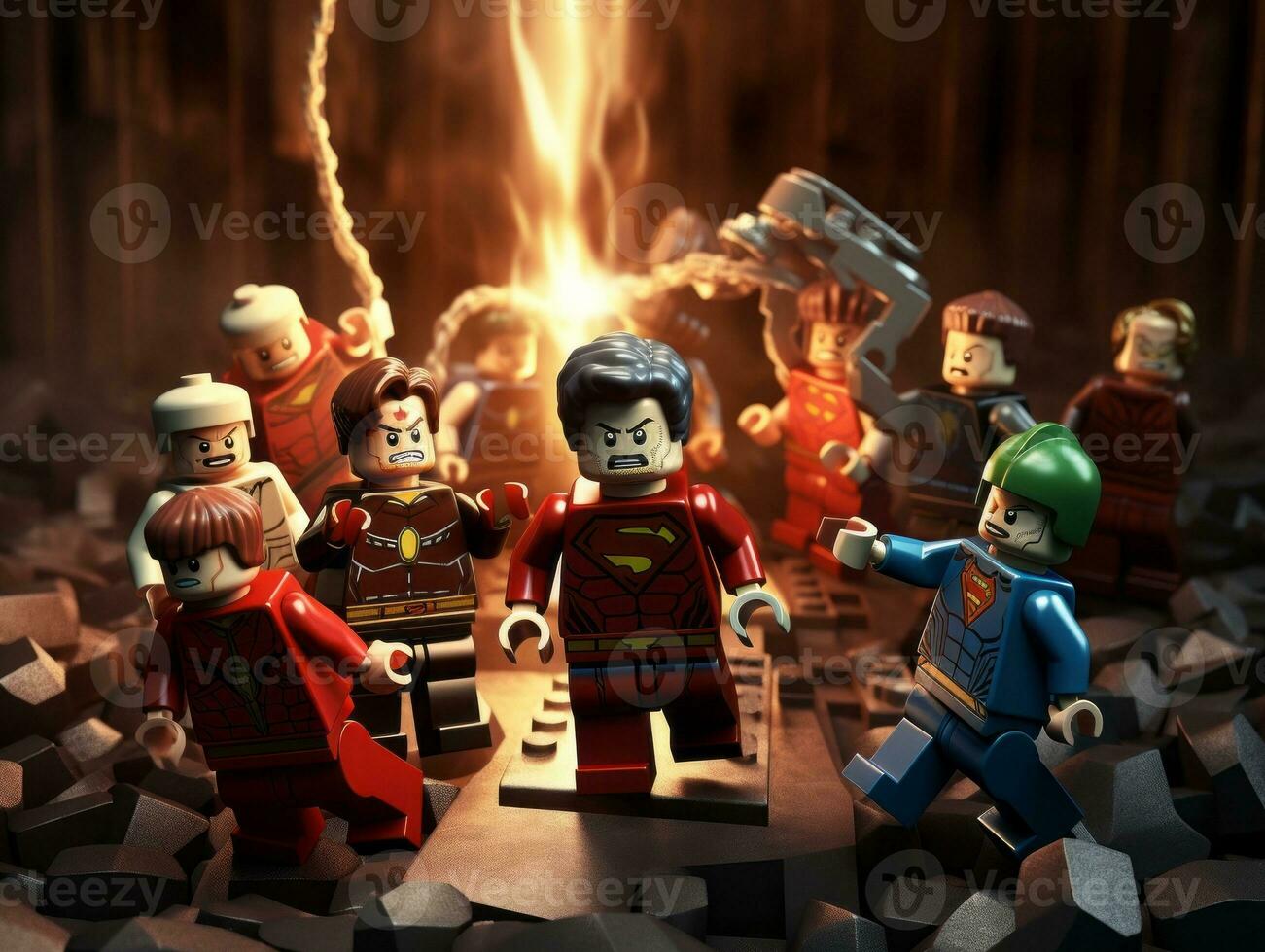 Lego heroes teaming up to save the world AI Generative photo