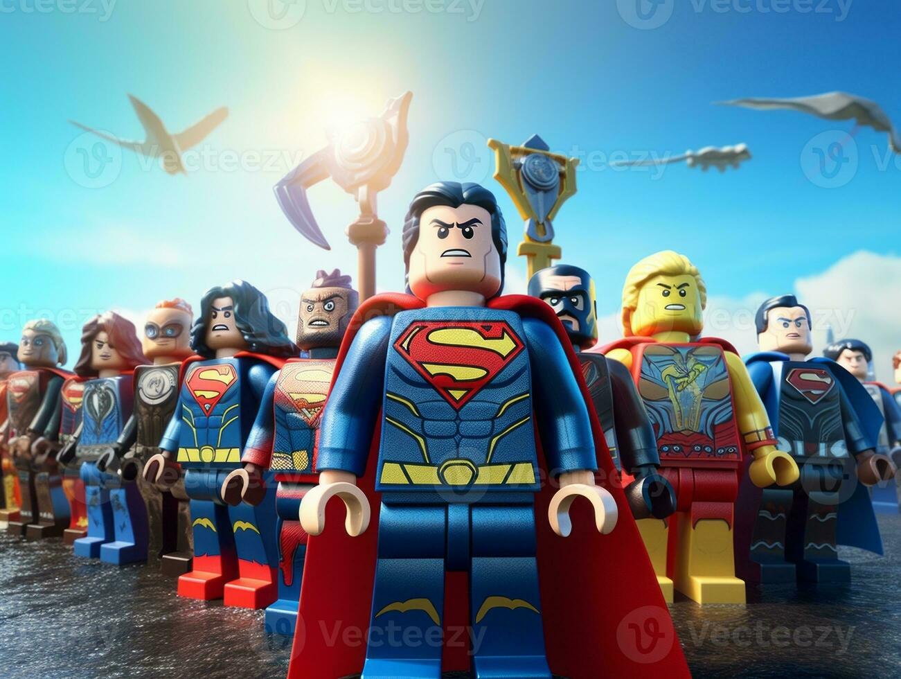 Lego heroes teaming up to save the world AI Generative photo