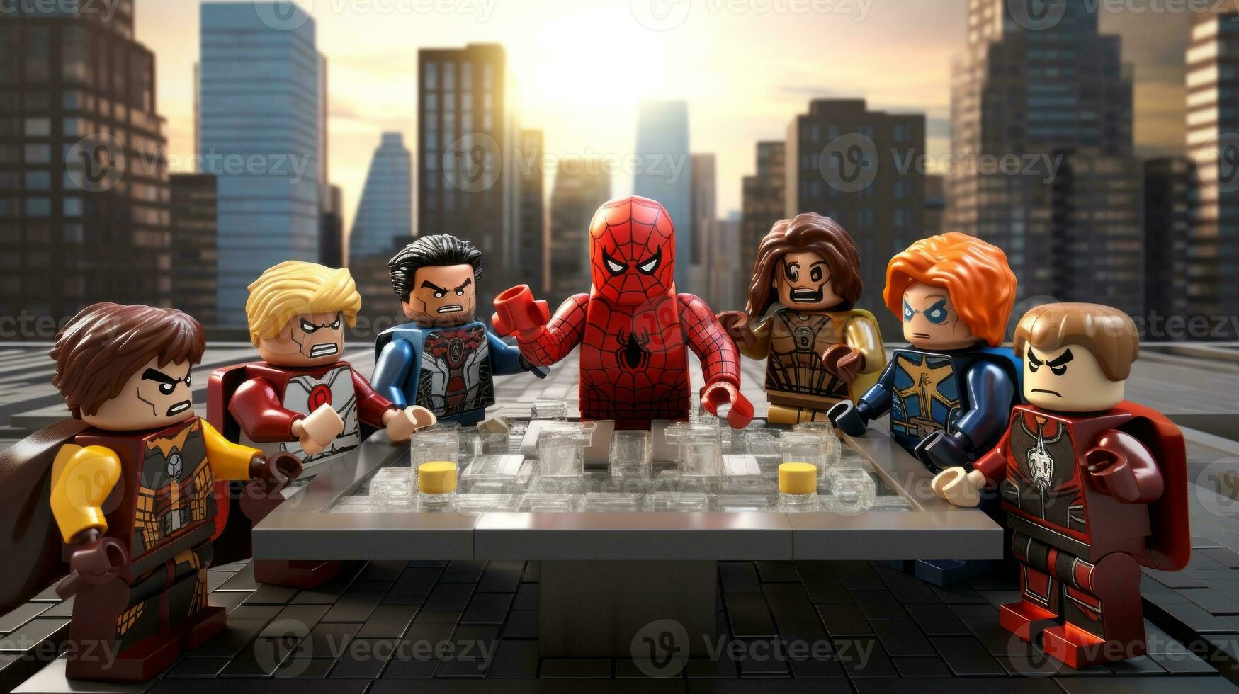 Lego heroes teaming up to save the world AI Generative photo