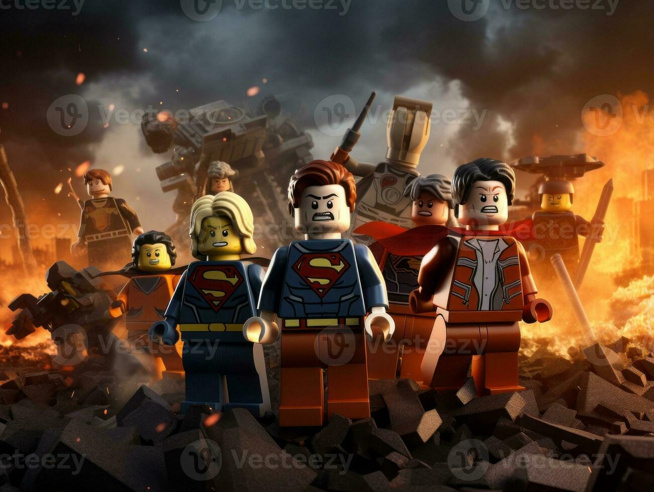 Lego heroes teaming up to save the world AI Generative photo