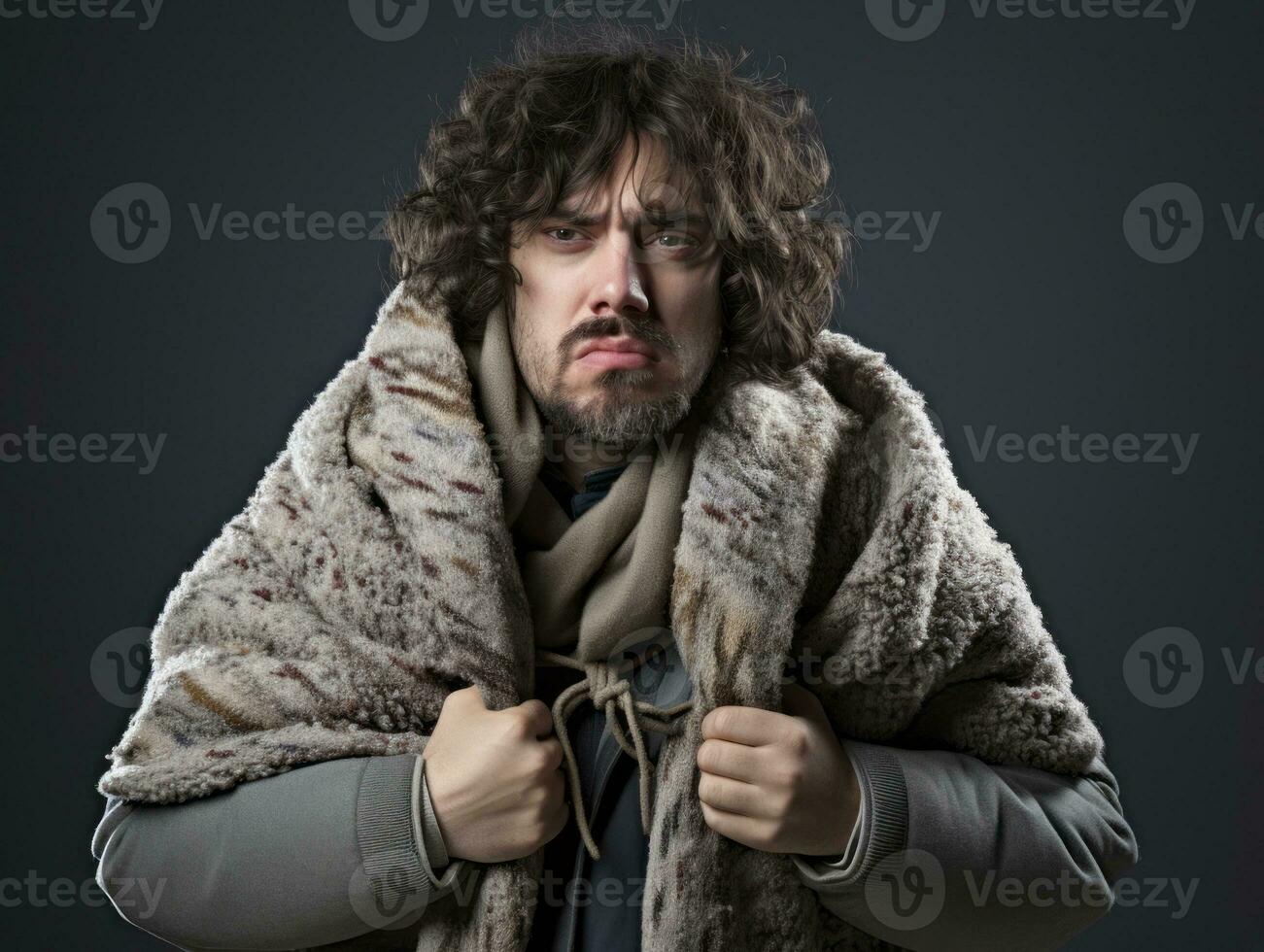 Man is shown suffering from cold with runny nose on grey background AI Generative photo