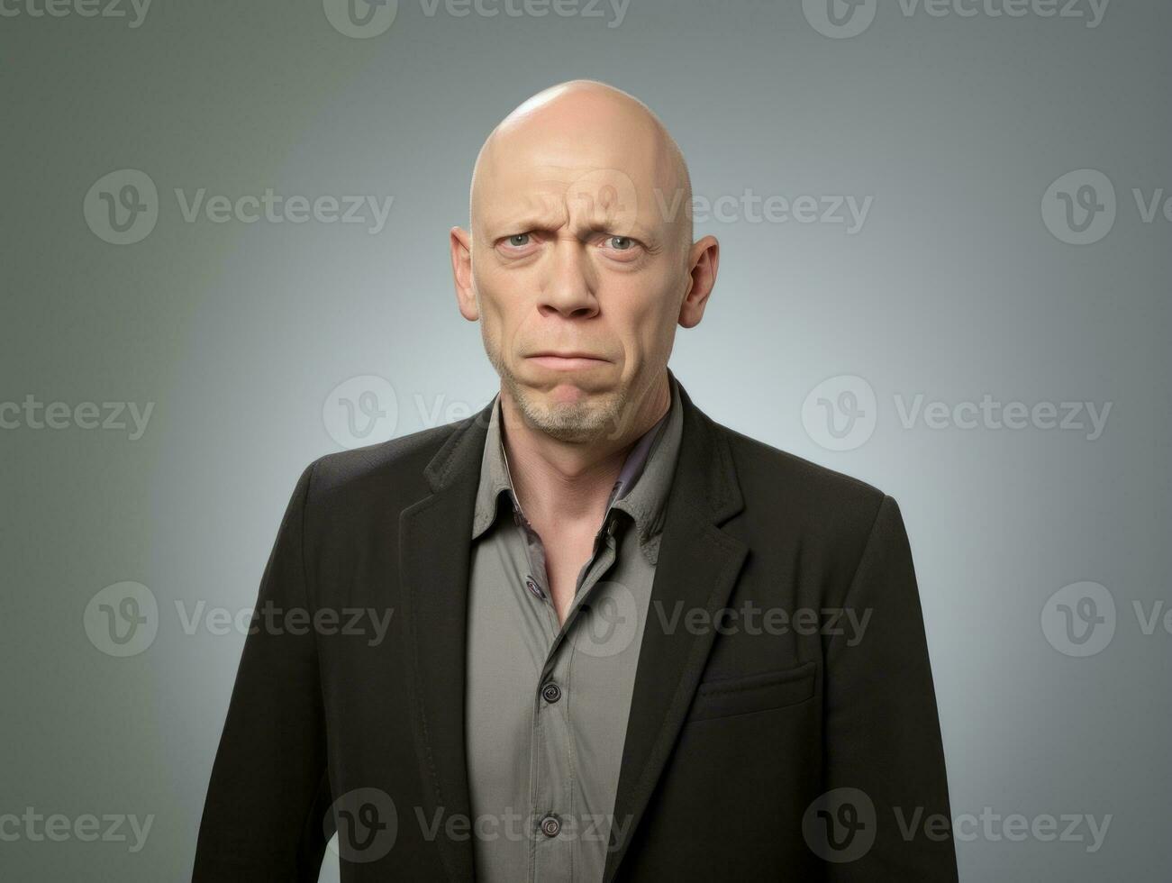 Man is shown suffering from cold with runny nose on grey background AI Generative photo