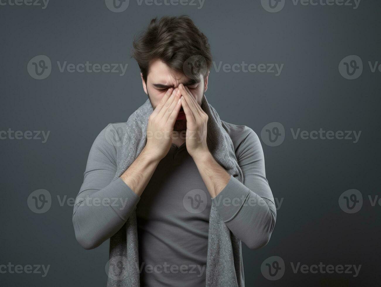 Man is shown suffering from cold with runny nose on grey background AI Generative photo