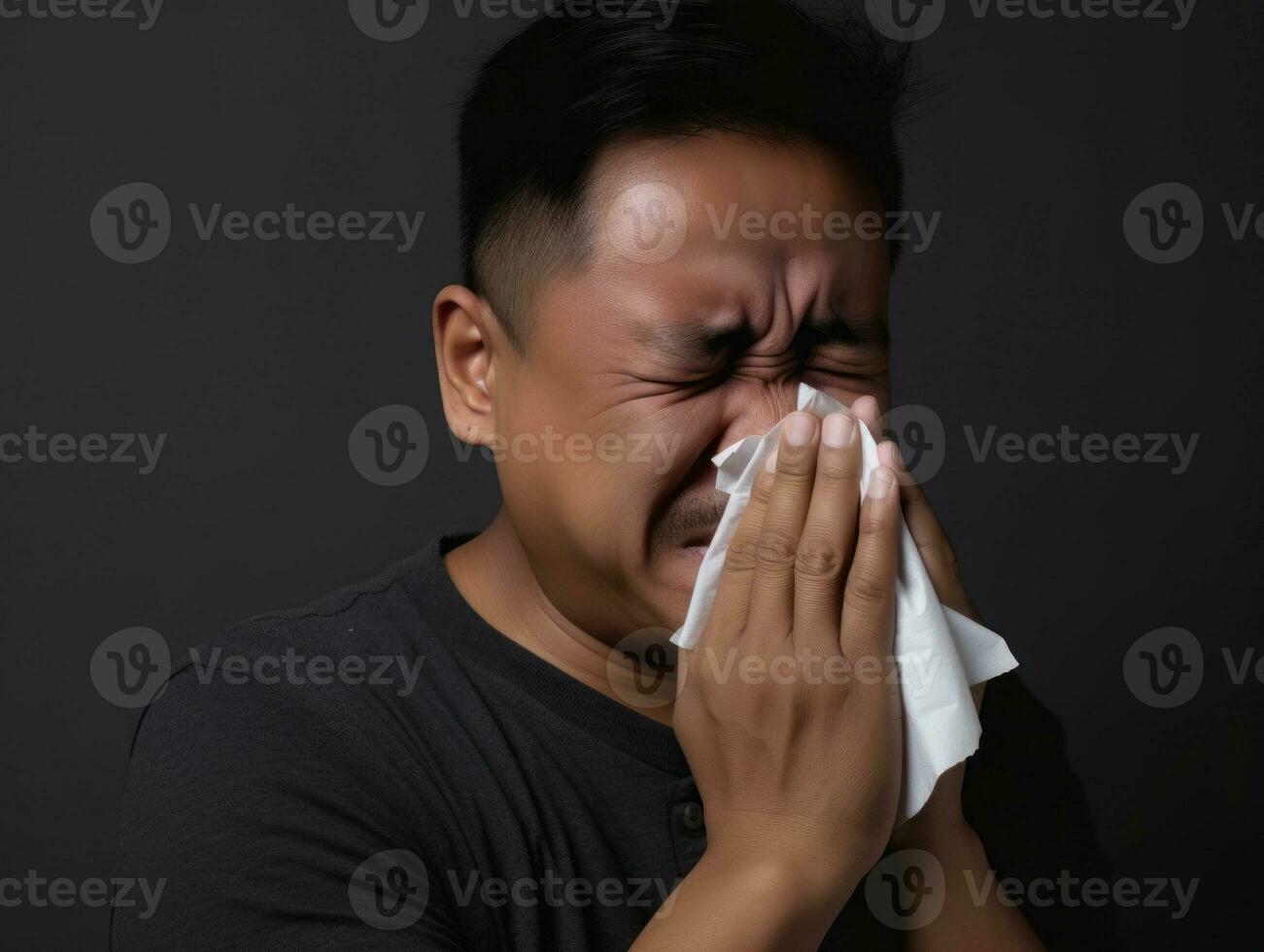 Mexican man is shown suffering from cold with runny nose on grey background AI Generative photo