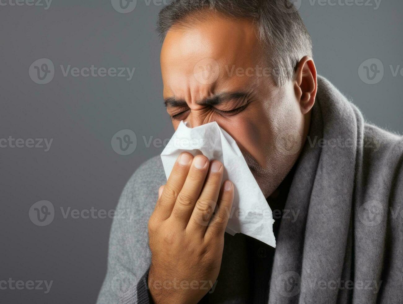 Mexican man is shown suffering from cold with runny nose on grey background AI Generative photo