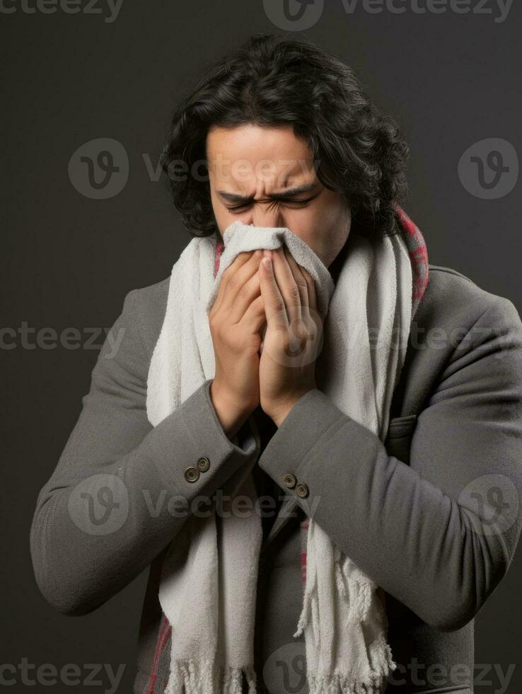 Mexican man is shown suffering from cold with runny nose on grey background AI Generative photo