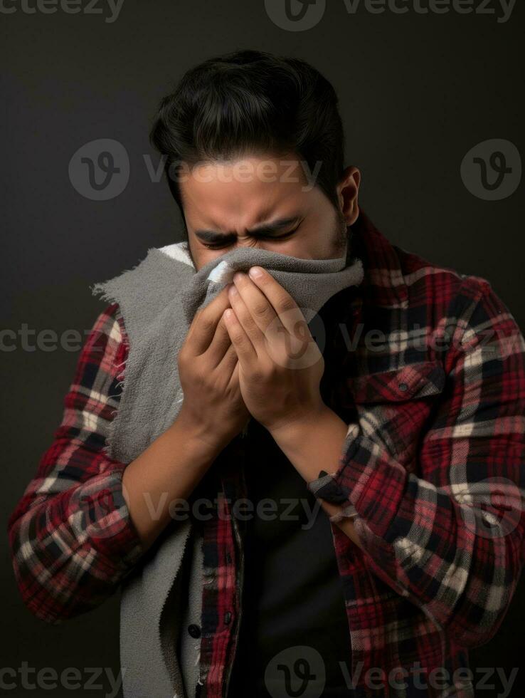 Mexican man is shown suffering from cold with runny nose on grey background AI Generative photo