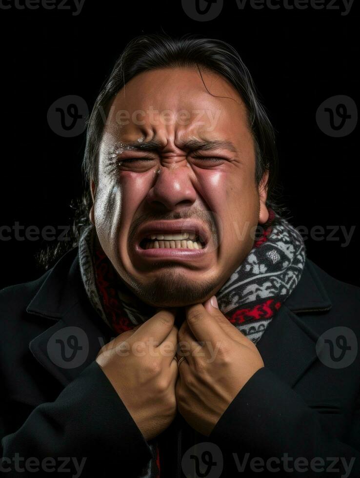 Mexican man is shown suffering from cold with runny nose on grey background AI Generative photo