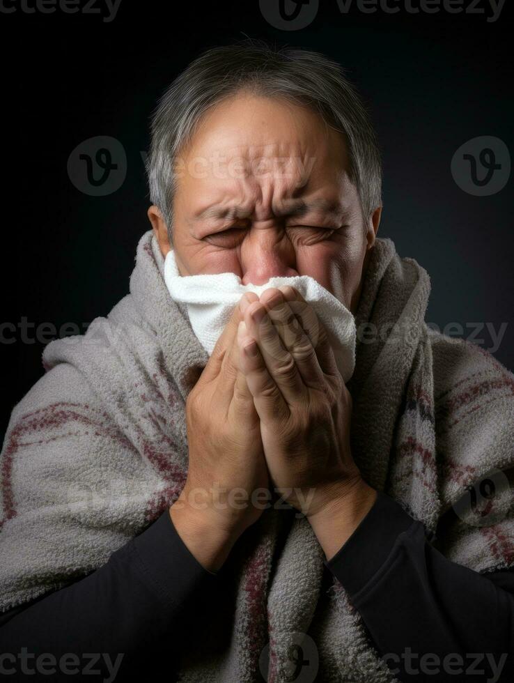 Mexican man is shown suffering from cold with runny nose on grey background AI Generative photo