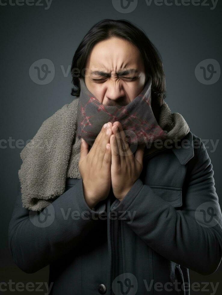 mexicano hombre es mostrado sufrimiento desde frío con líquido nariz en gris antecedentes ai generativo foto