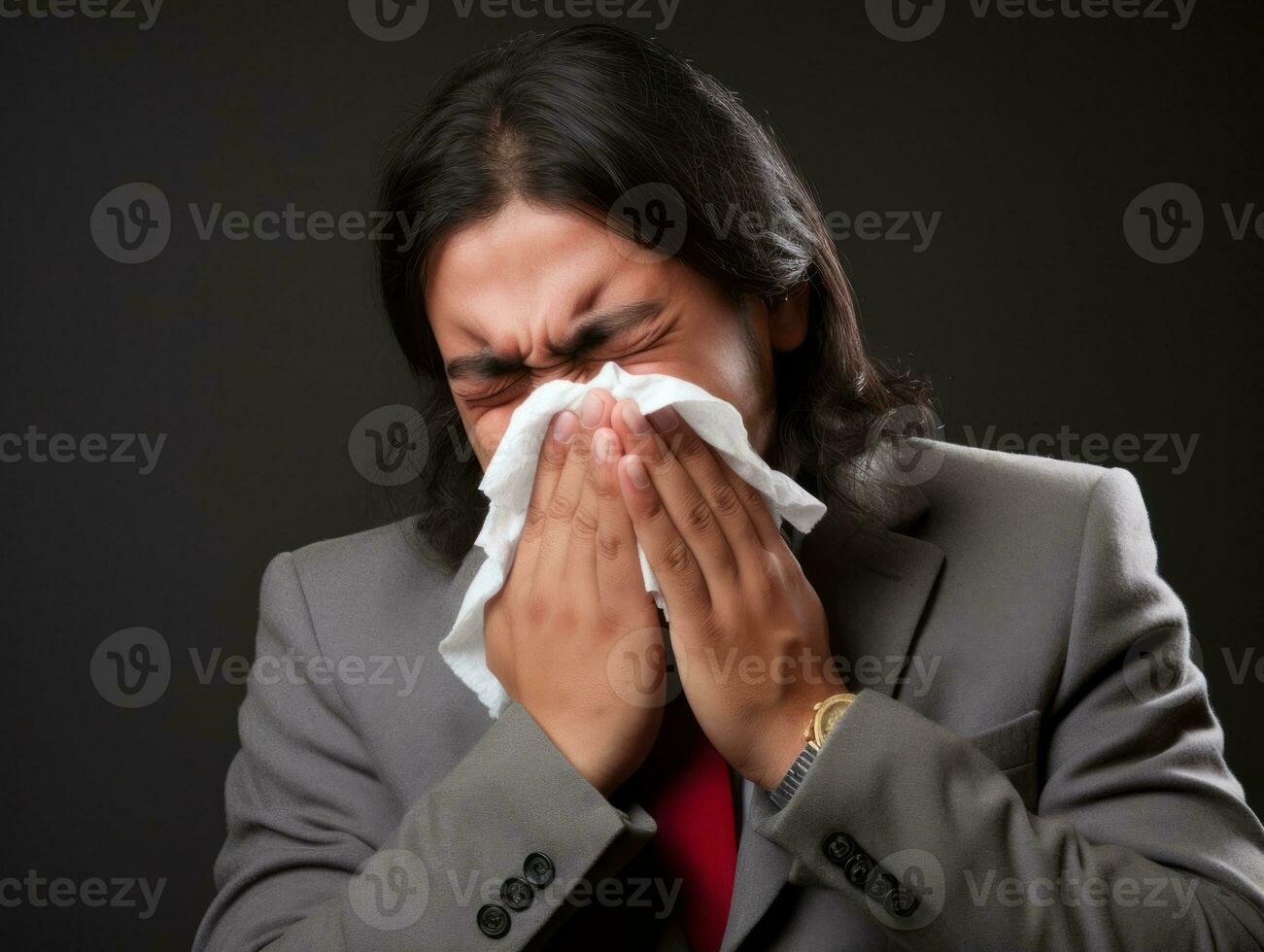Mexican man is shown suffering from cold with runny nose on grey background AI Generative photo