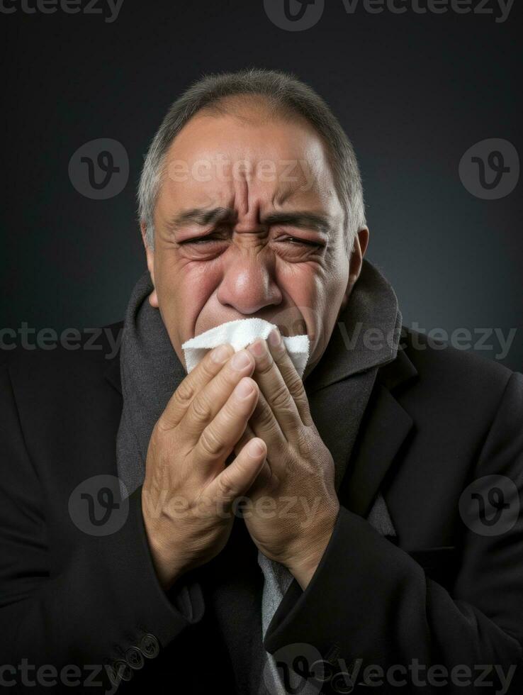 mexicano hombre es mostrado sufrimiento desde frío con líquido nariz en gris antecedentes ai generativo foto