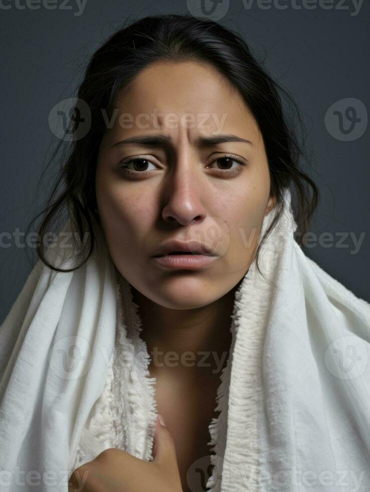 mexicano mujer es mostrado sufrimiento desde frío con líquido nariz en gris antecedentes ai generativo foto