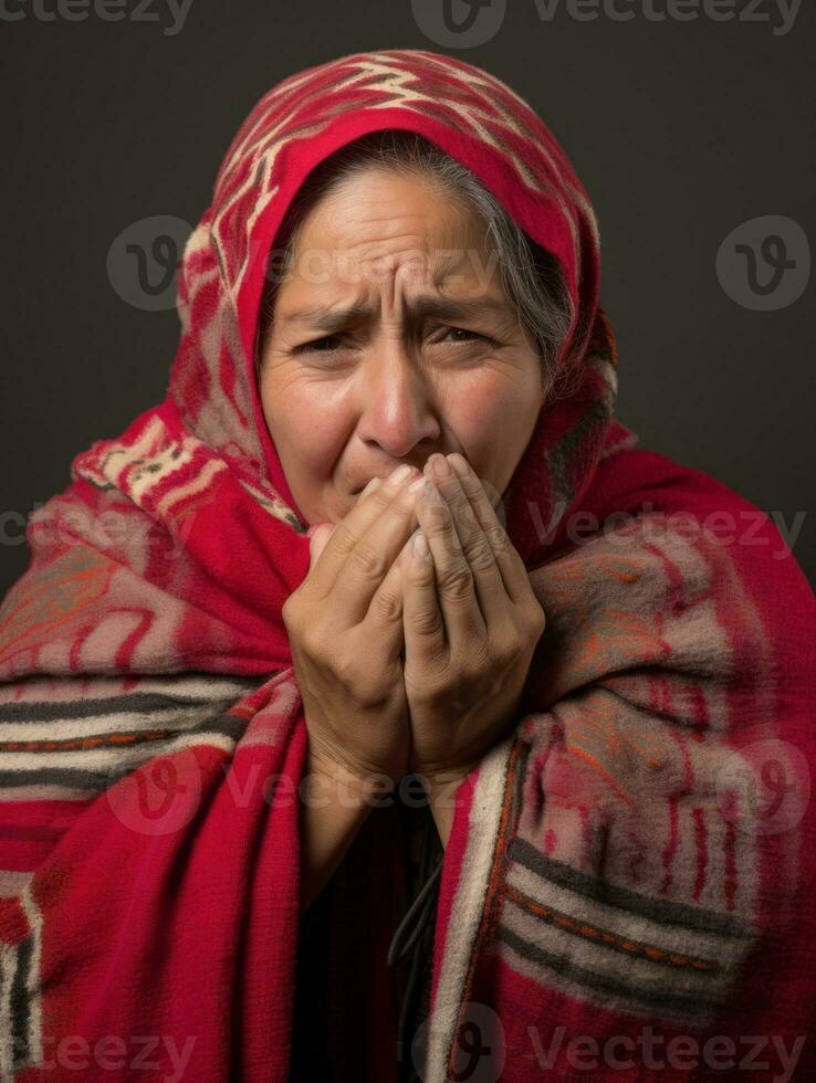 Mexican woman is shown suffering from cold with runny nose on grey background AI Generative photo