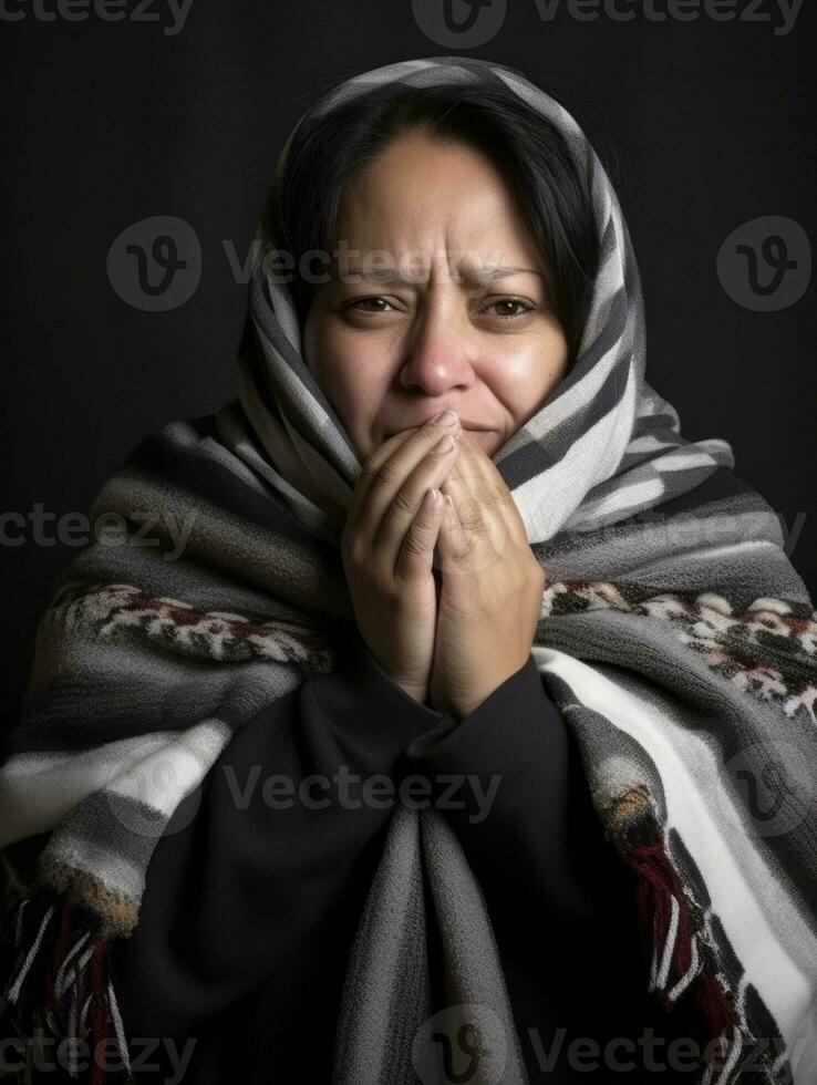 Mexican woman is shown suffering from cold with runny nose on grey background AI Generative photo