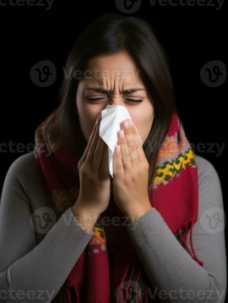 Mexican woman is shown suffering from cold with runny nose on grey background AI Generative photo