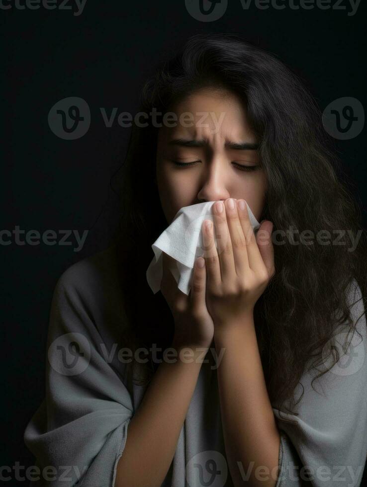 Mexican woman is shown suffering from cold with runny nose on grey background AI Generative photo