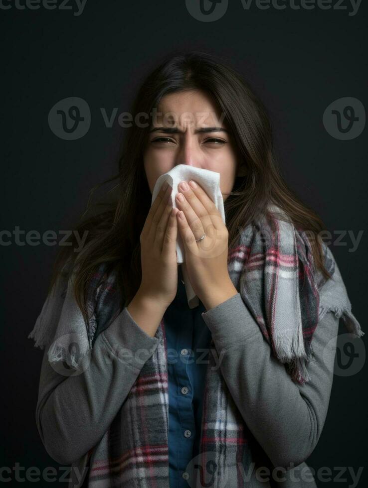 Mexican woman is shown suffering from cold with runny nose on grey background AI Generative photo