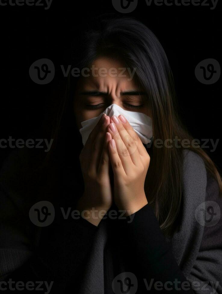 Mexican woman is shown suffering from cold with runny nose on grey background AI Generative photo