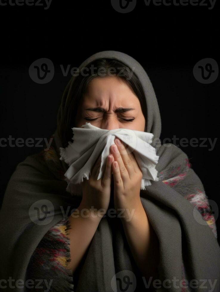 Mexican woman is shown suffering from cold with runny nose on grey background AI Generative photo