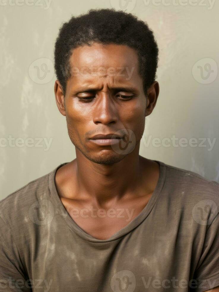 African man is sad on a minimalist neutral background AI Generative photo