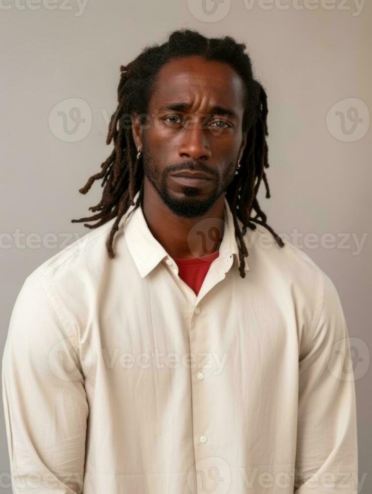 africano hombre es triste en un minimalista neutral antecedentes ai generativo foto