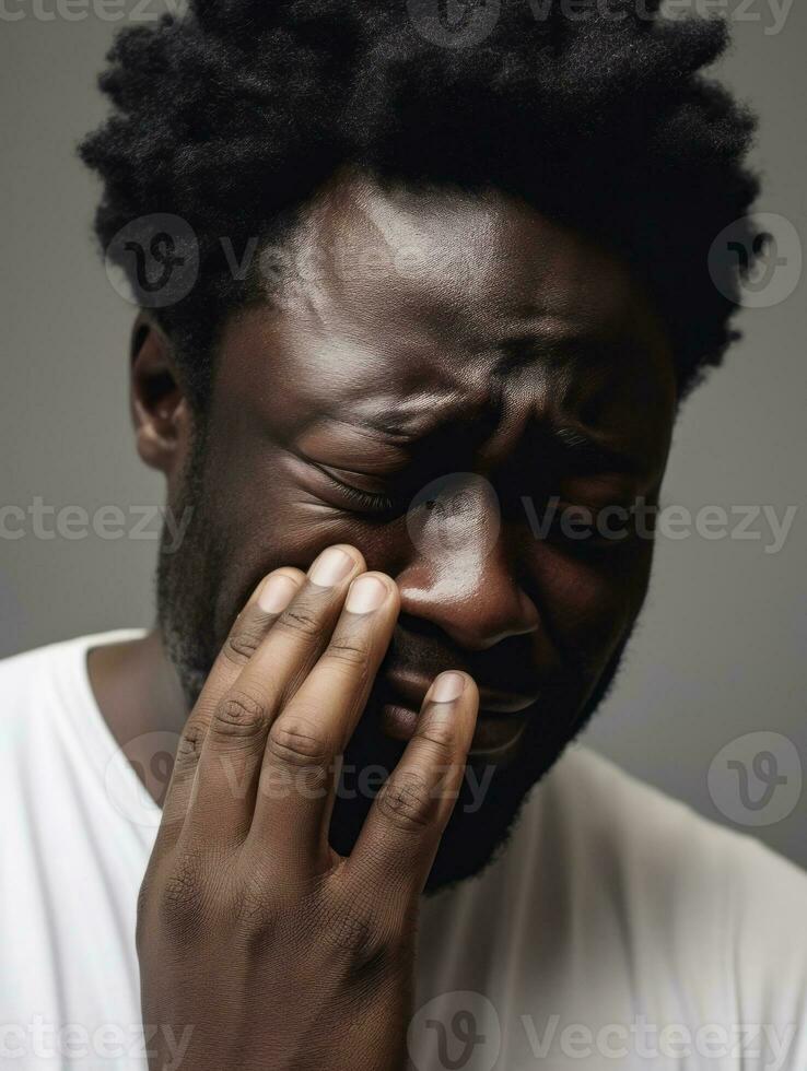 African man is sad on a minimalist neutral background AI Generative photo