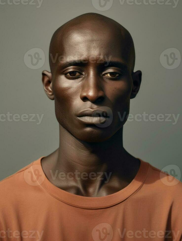 africano hombre es triste en un minimalista neutral antecedentes ai generativo foto