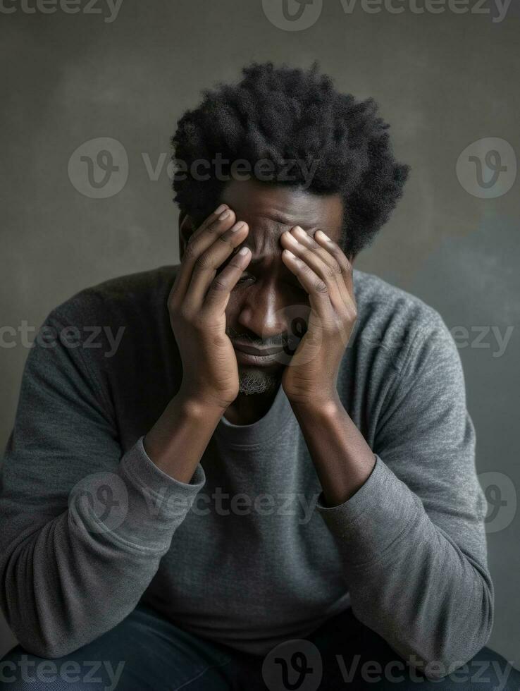 African man is sad on a minimalist neutral background AI Generative photo