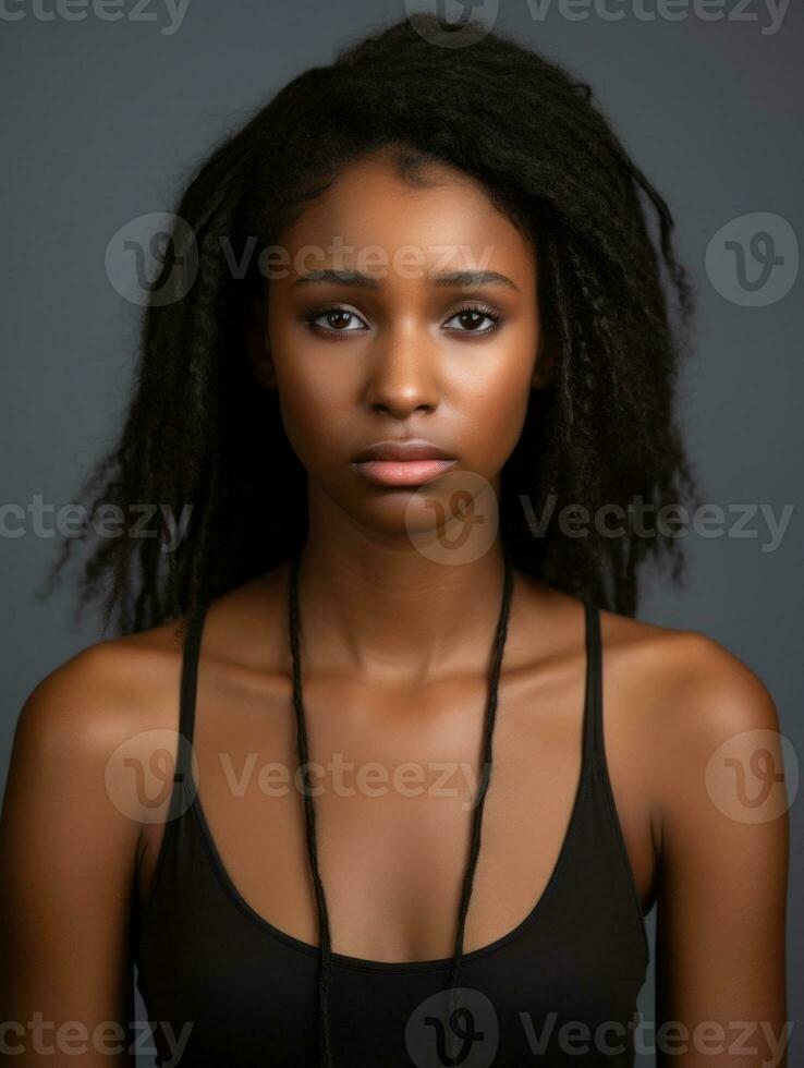 africano mujer es triste en un minimalista neutral antecedentes ai generativo foto
