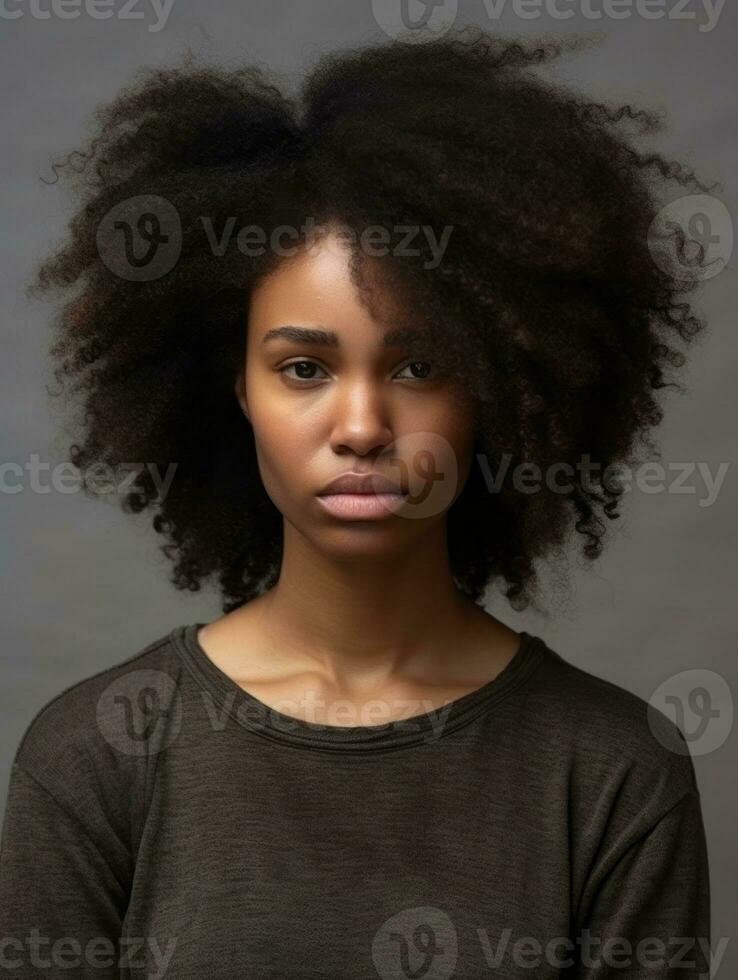 African woman is sad on a minimalist neutral background AI Generative photo