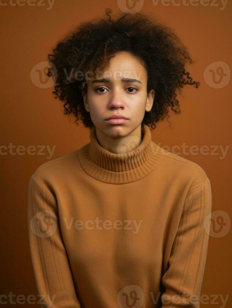 African woman is sad on a minimalist neutral background AI Generative photo