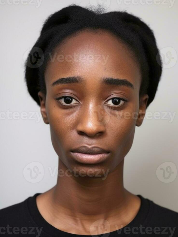 African woman is sad on a minimalist neutral background AI Generative photo