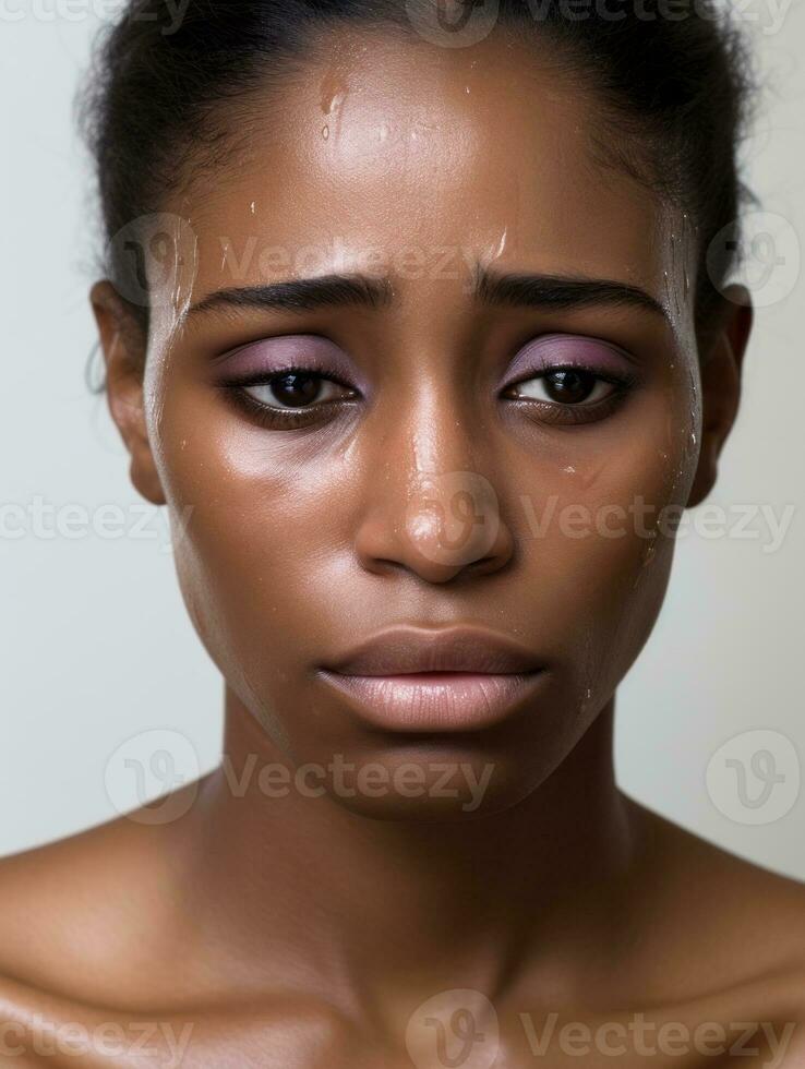African woman is sad on a minimalist neutral background AI Generative photo