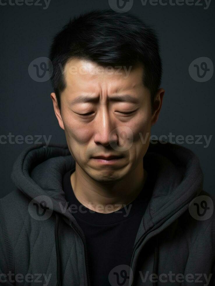 Asian man is sad on a minimalist neutral background AI Generative photo