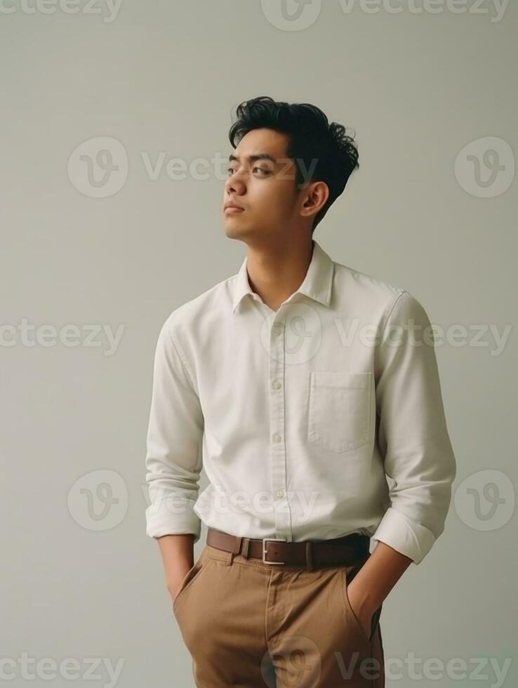 Asian man is sad on a minimalist neutral background AI Generative photo