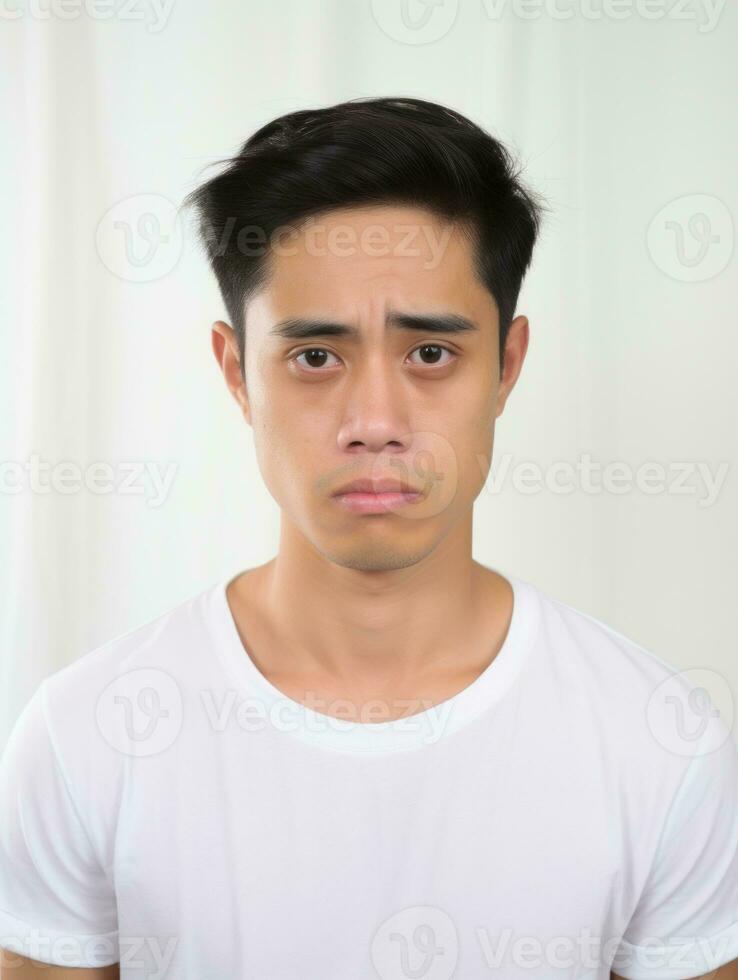 Asian man is sad on a minimalist neutral background AI Generative photo