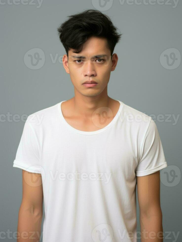 Asian man is sad on a minimalist neutral background AI Generative photo