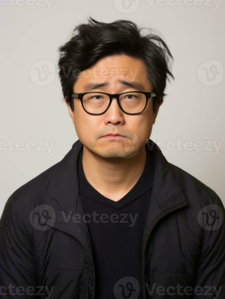 Asian man is sad on a minimalist neutral background AI Generative photo