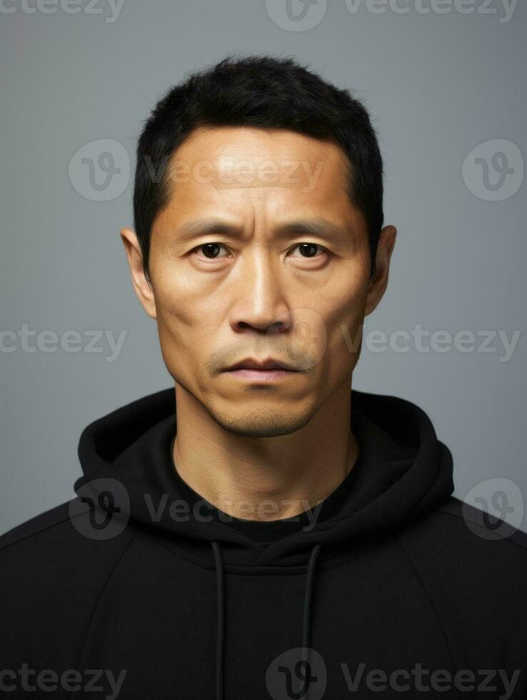 Asian man is sad on a minimalist neutral background AI Generative photo