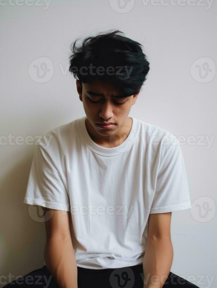 Asian man is sad on a minimalist neutral background AI Generative photo