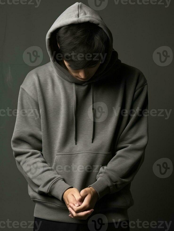 Asian man is sad on a minimalist neutral background AI Generative photo