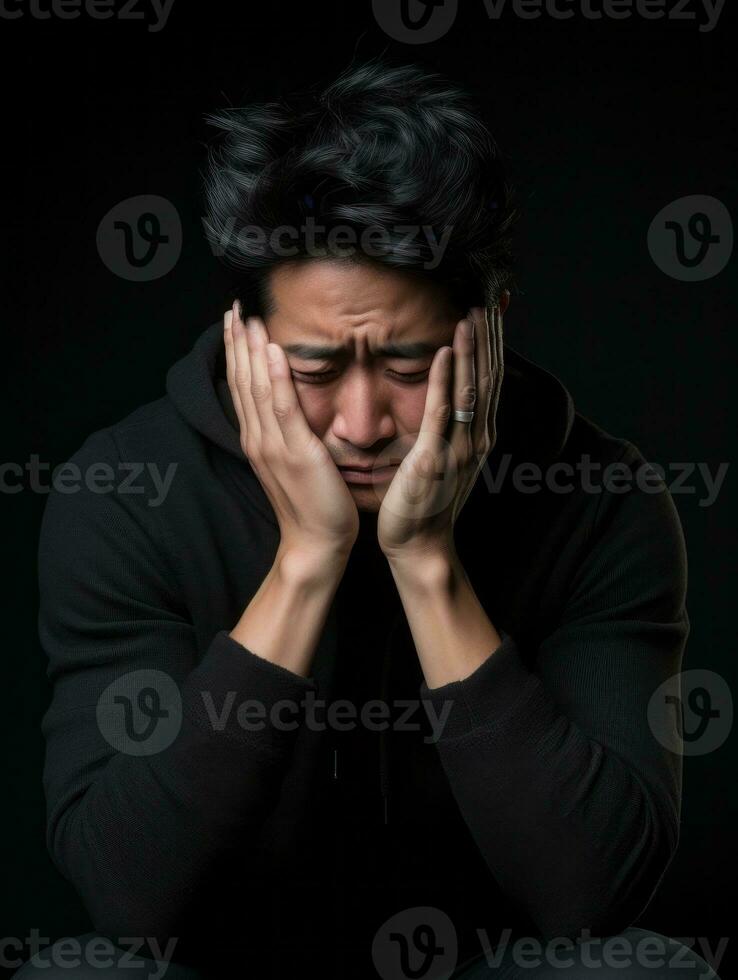 Asian man is sad on a minimalist neutral background AI Generative photo