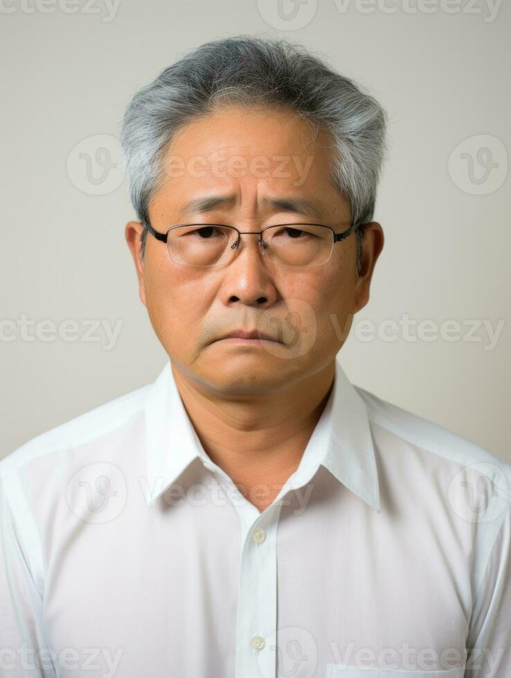 Asian man is sad on a minimalist neutral background AI Generative photo