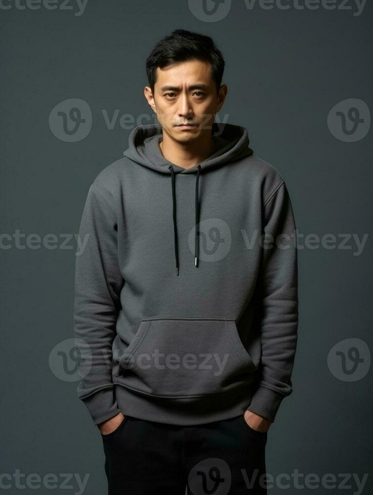 Asian man is sad on a minimalist neutral background AI Generative photo