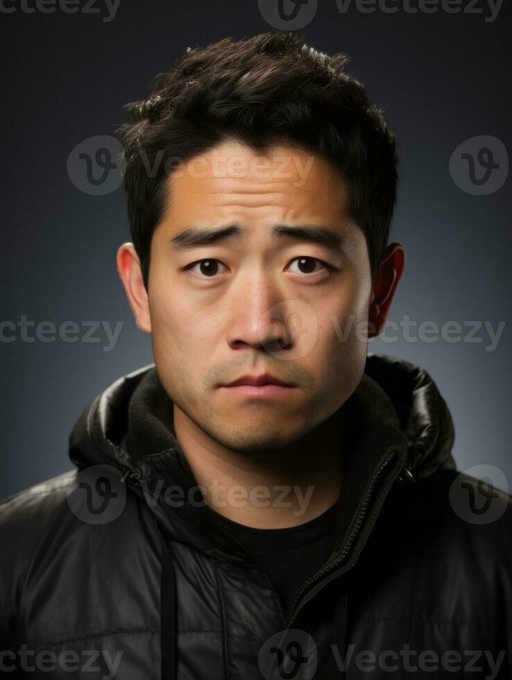 Asian man is sad on a minimalist neutral background AI Generative photo
