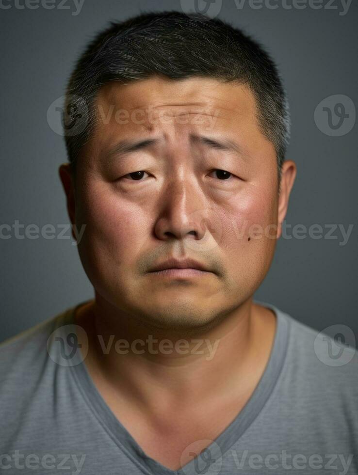 Asian man is sad on a minimalist neutral background AI Generative photo