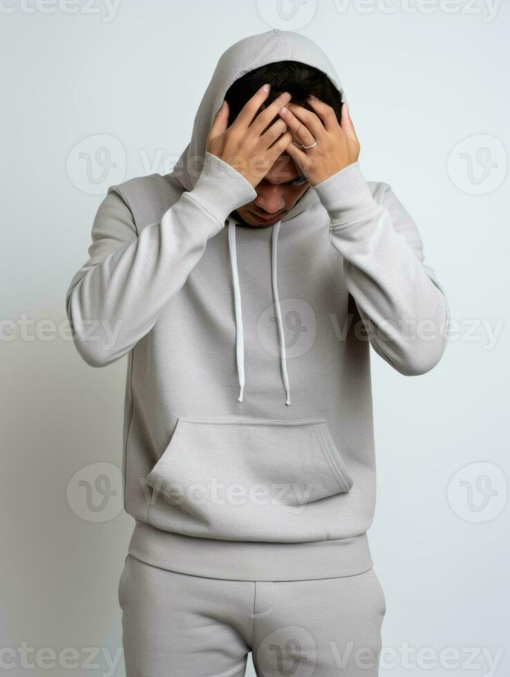 Asian man is sad on a minimalist neutral background AI Generative photo