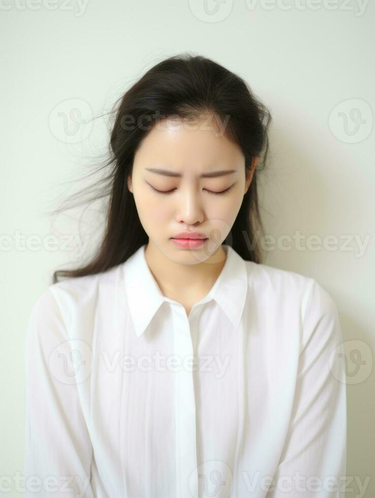 Asian woman is sad on a minimalist neutral background AI Generative photo