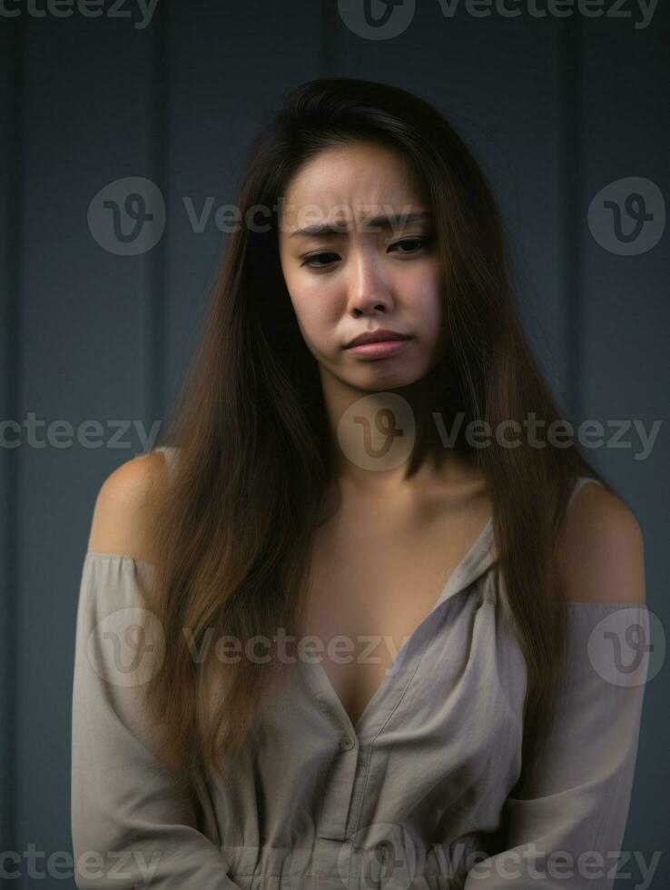 Asian woman is sad on a minimalist neutral background AI Generative photo